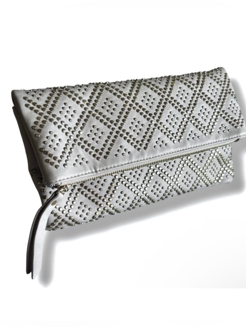 Madison West Gray Studded Foldover Clutch Crossbody Vegan Leather Envelope Bag